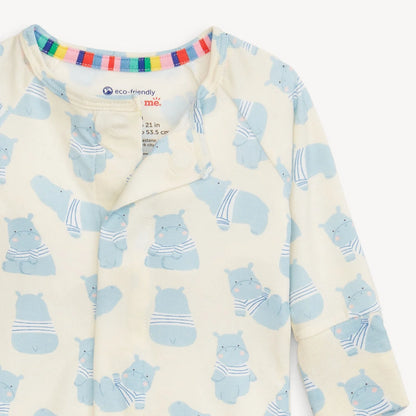 Baby onesie with blue hippo pattern on a white background