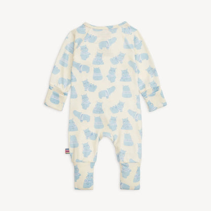 Baby onesie with blue bear pattern on a white background