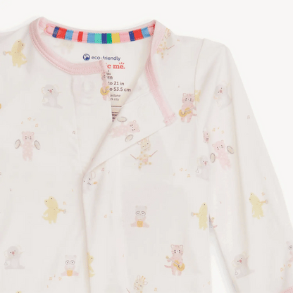 Baby onesie with bear pattern and colorful trim on a white background