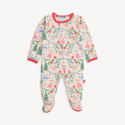 Baby onesie with animal and floral pattern on a white background