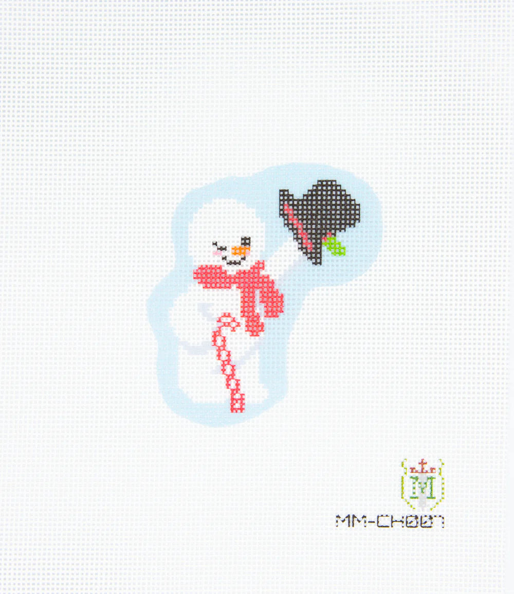 Cross-stitched snowman with a carrot nose, black hat, and red scarf on a white background.