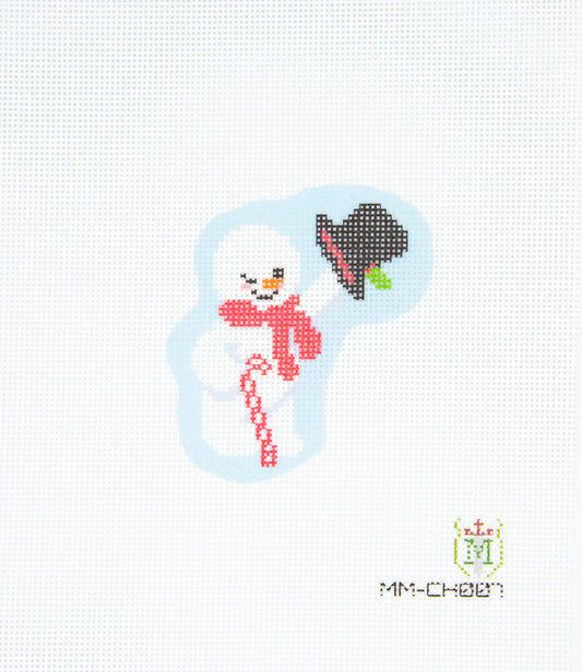 Cross-stitched snowman with a carrot nose, black hat, and red scarf on a white background.