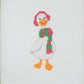 Cross-stitched duck design on a white fabric background