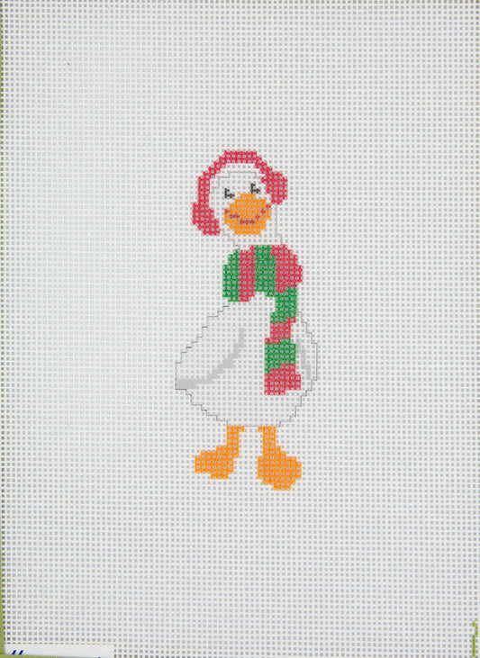 Cross-stitched duck design on a white fabric background
