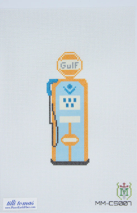 Cross-stitched design of a gas pump with 'Gulf' branding on a light blue background.