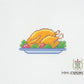 Cross-stitched pattern of a roasted turkey on a plate with vegetables on a white background.