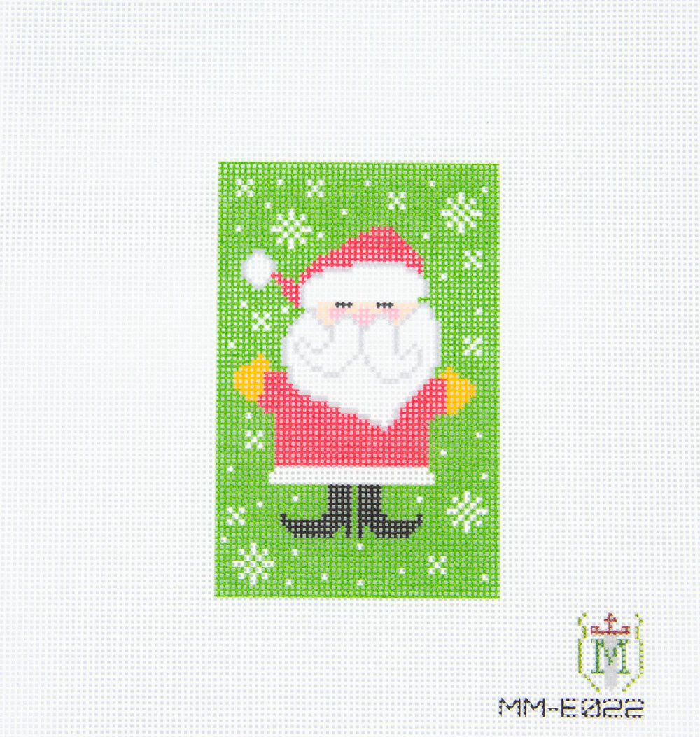 Cross-stitched pattern of Santa Claus on a green background with white snowflakes.