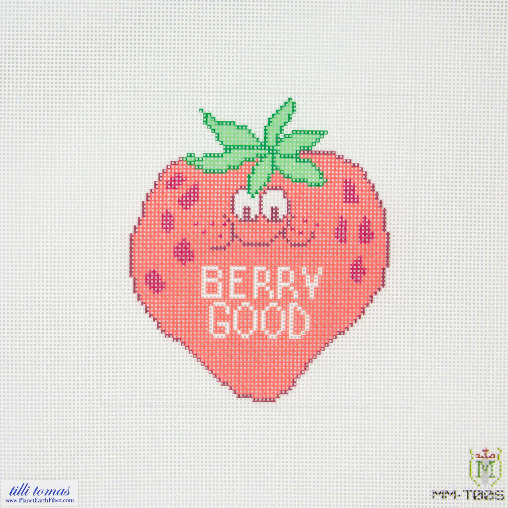 Cross-stitched strawberry with a face and 'Berry Good' text on a white background