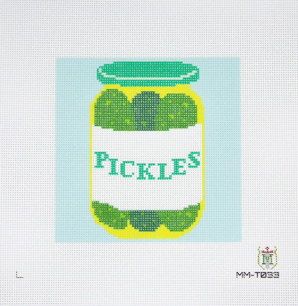 Cross-stitched design of a jar labeled 'Pickles' on a light blue background