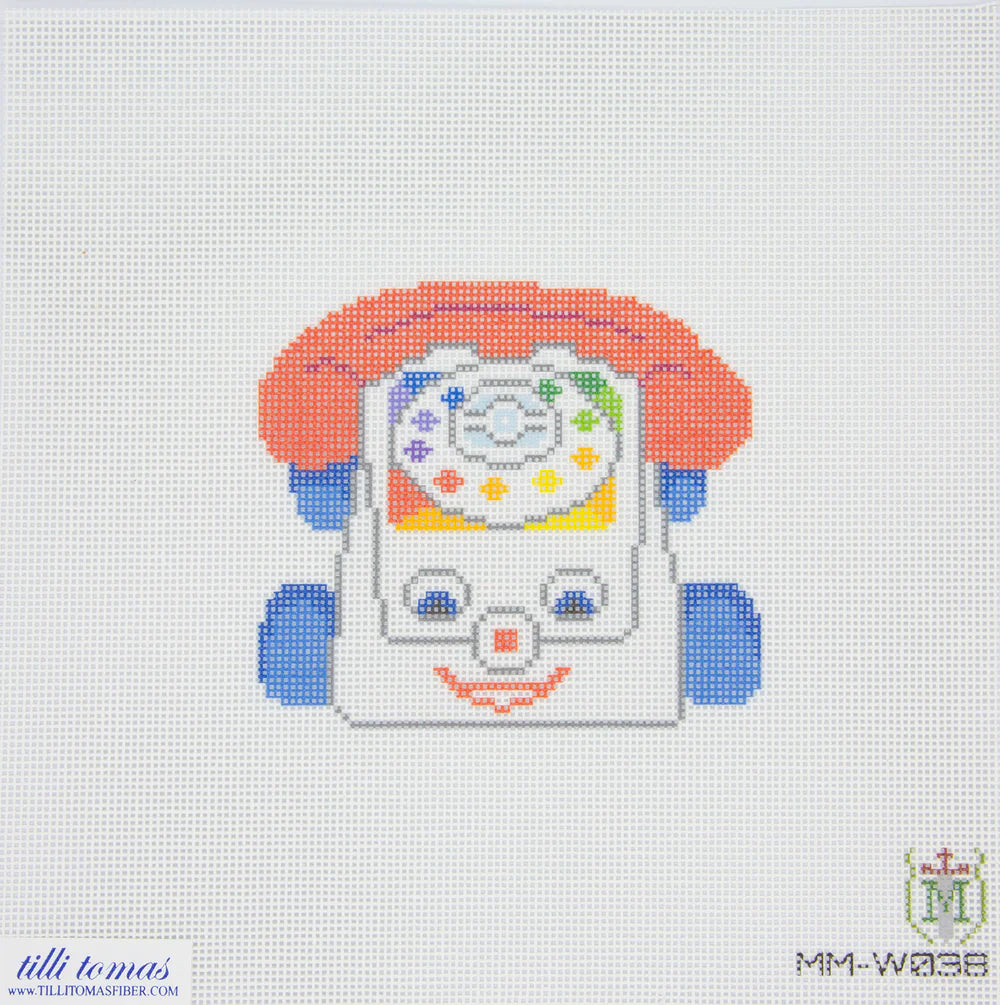 Cross-stitched design of a vintage toy on a white background