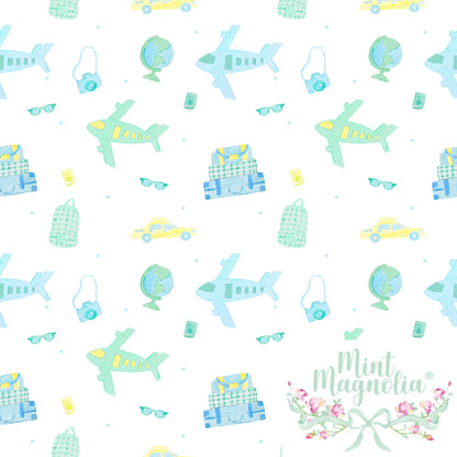 Travel-themed pattern with airplanes, suitcases, and globes on a white background.