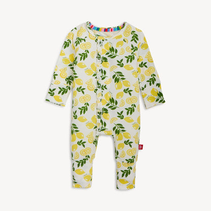 Baby onesie with lemon pattern on a white background