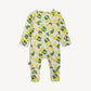 Baby onesie with lemon and leaf pattern on a white background