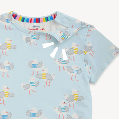 Children's hoodie with seagull pattern on a light blue background