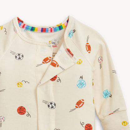 Baby onesie with sports-themed print on a white background