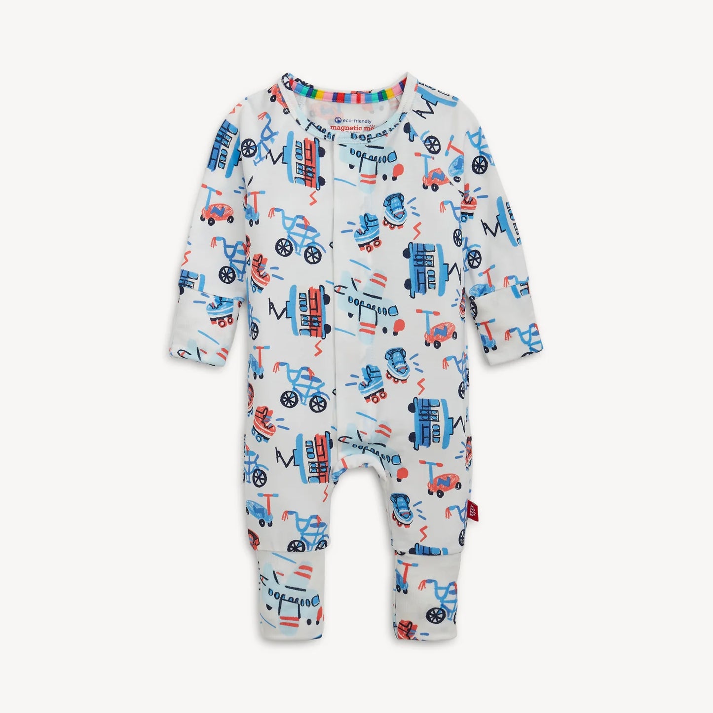 Baby onesie with vehicle pattern on a white background