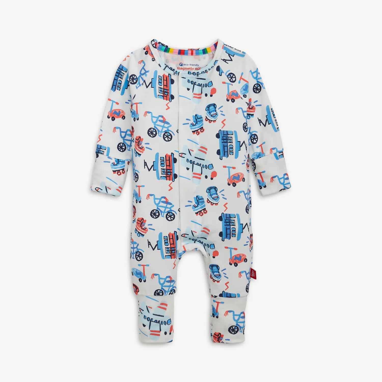 Baby onesie with vehicle pattern on a white background