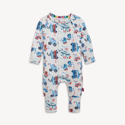 Baby onesie with vehicle pattern on a white background