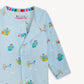 Children's cardigan with vehicle pattern on a light blue background