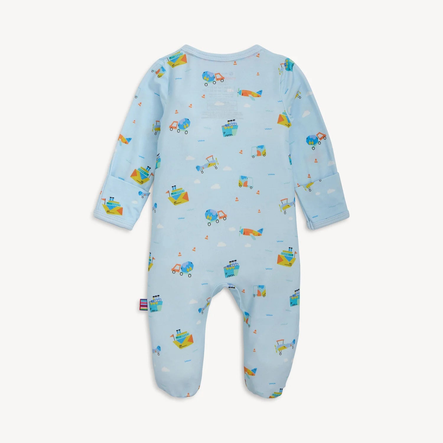 Baby onesie with vehicle pattern on a light blue background
