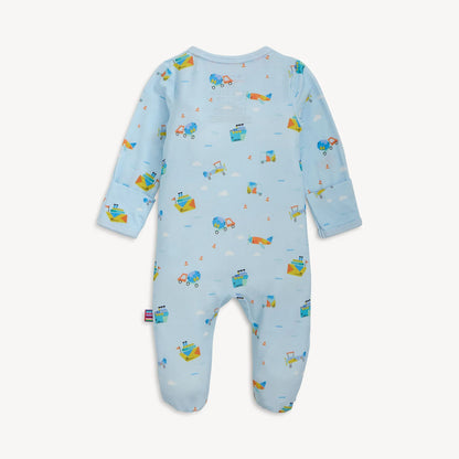 Baby onesie with vehicle pattern on a light blue background