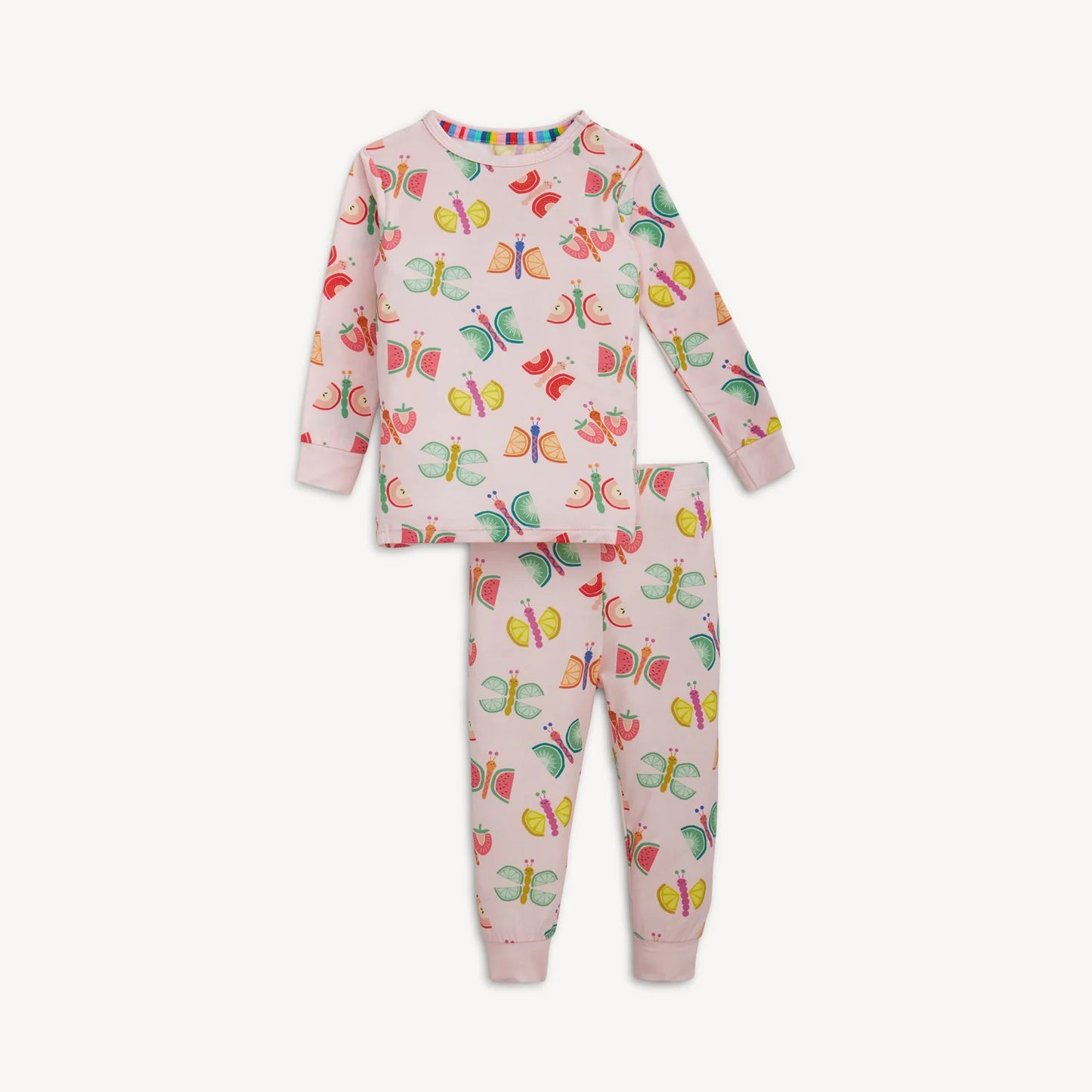 Children's pajama set with colorful butterfly pattern on a white background