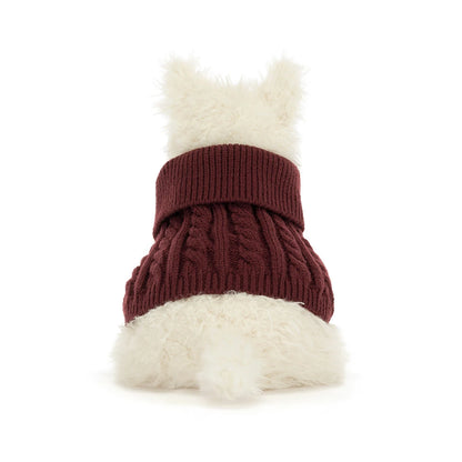 A small white dog viewed from behind wearing a burgundy cable-knit pet sweater, isolated on a white background.