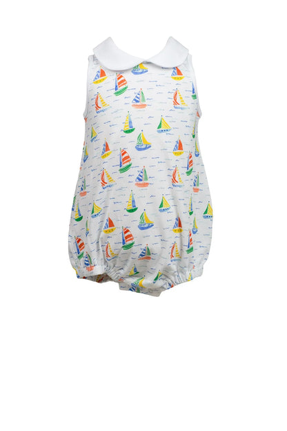 Baby romper with sailboat pattern on a white background