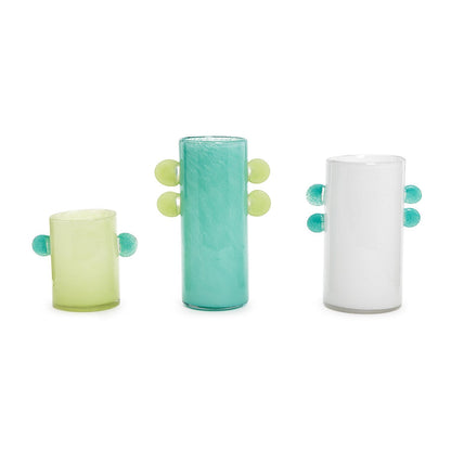 A set of three hand-blown glass vases in different sizes, with a Murano glass style base color and green accents.