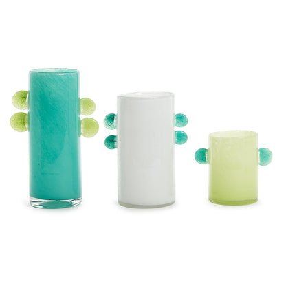 A set of three hand-blown glass vases in different sizes, with a Murano glass style base color and green accents.
