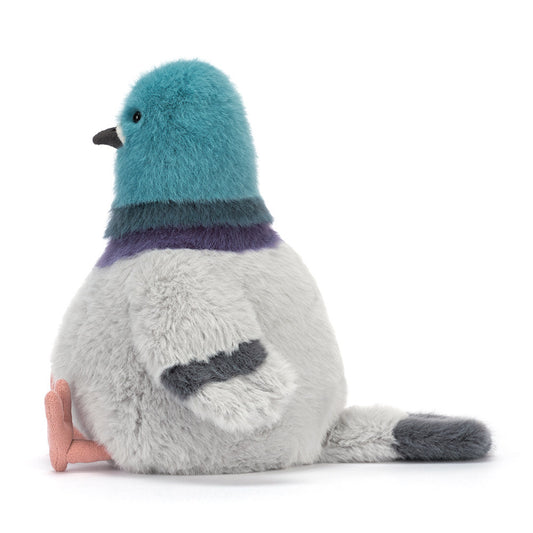 Plush toy pigeon with teal head and gray body on a white background