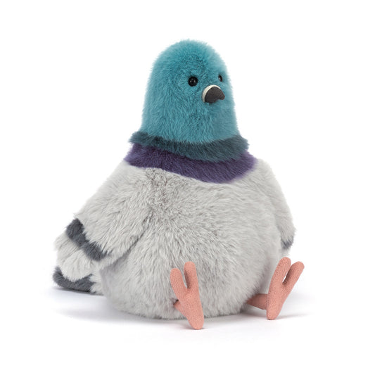 Plush toy pigeon with teal hood and purple scarf on a white background