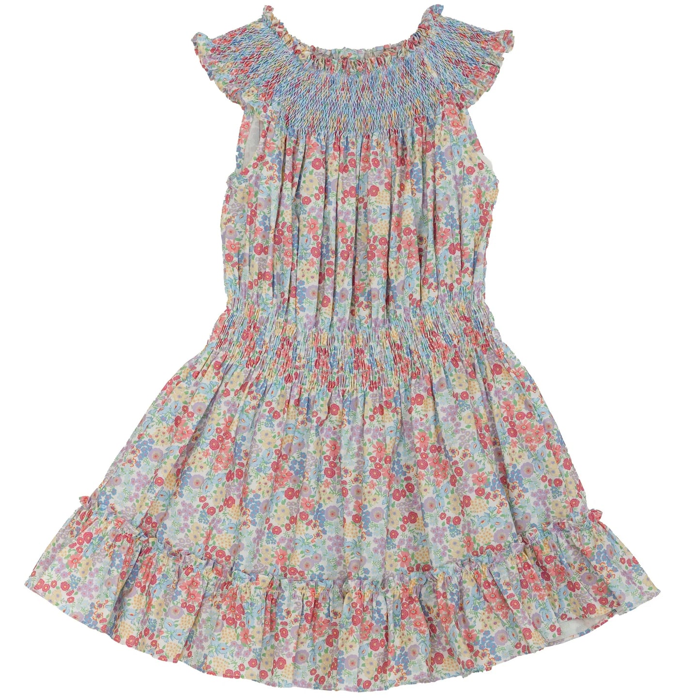 A sleeveless tiered dress with a smocked bodice and ruffled cap sleeves, featuring a dense multicolor floral print on a light blue-gray base.