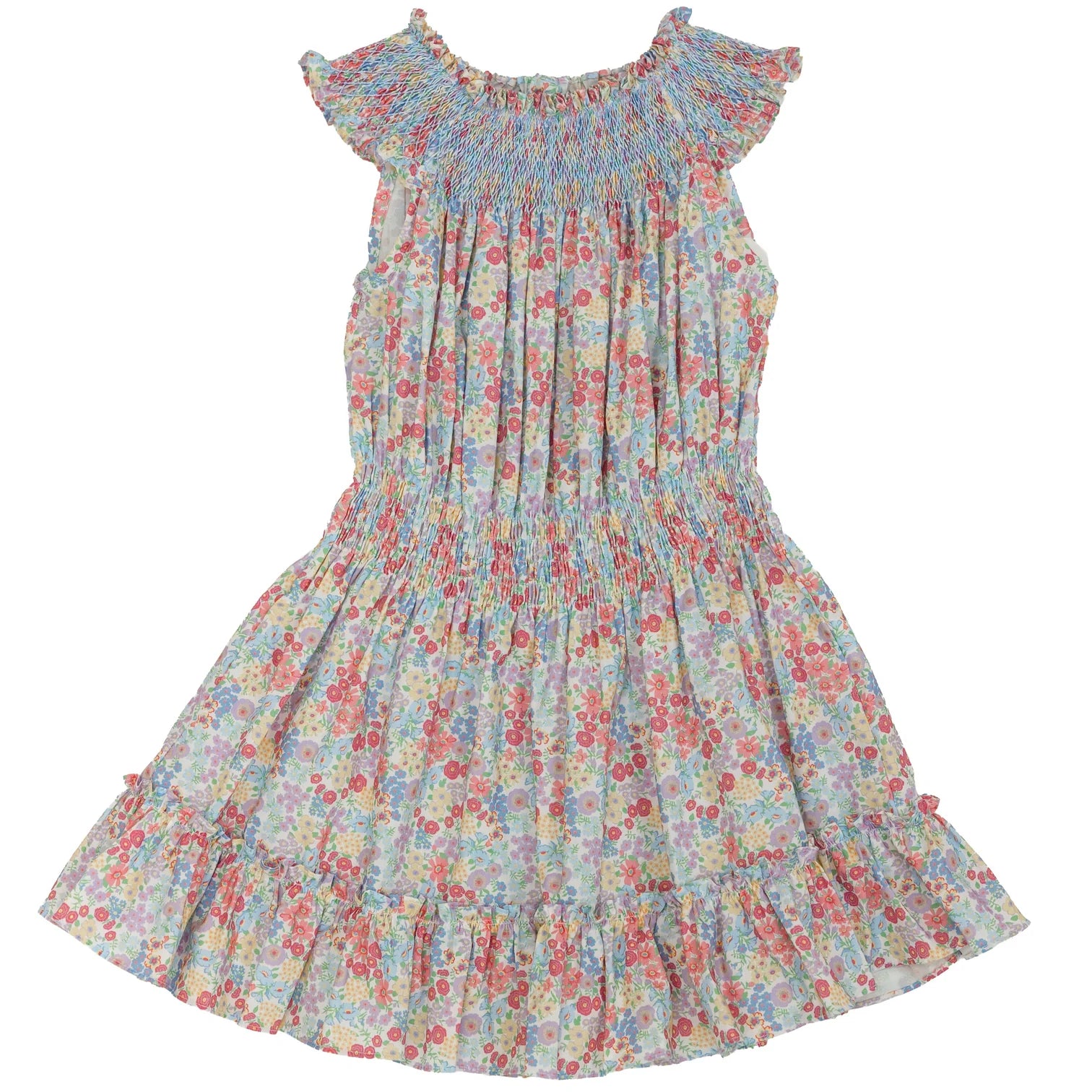 A sleeveless tiered dress with a smocked bodice and ruffled cap sleeves, featuring a dense multicolor floral print on a light blue-gray base.