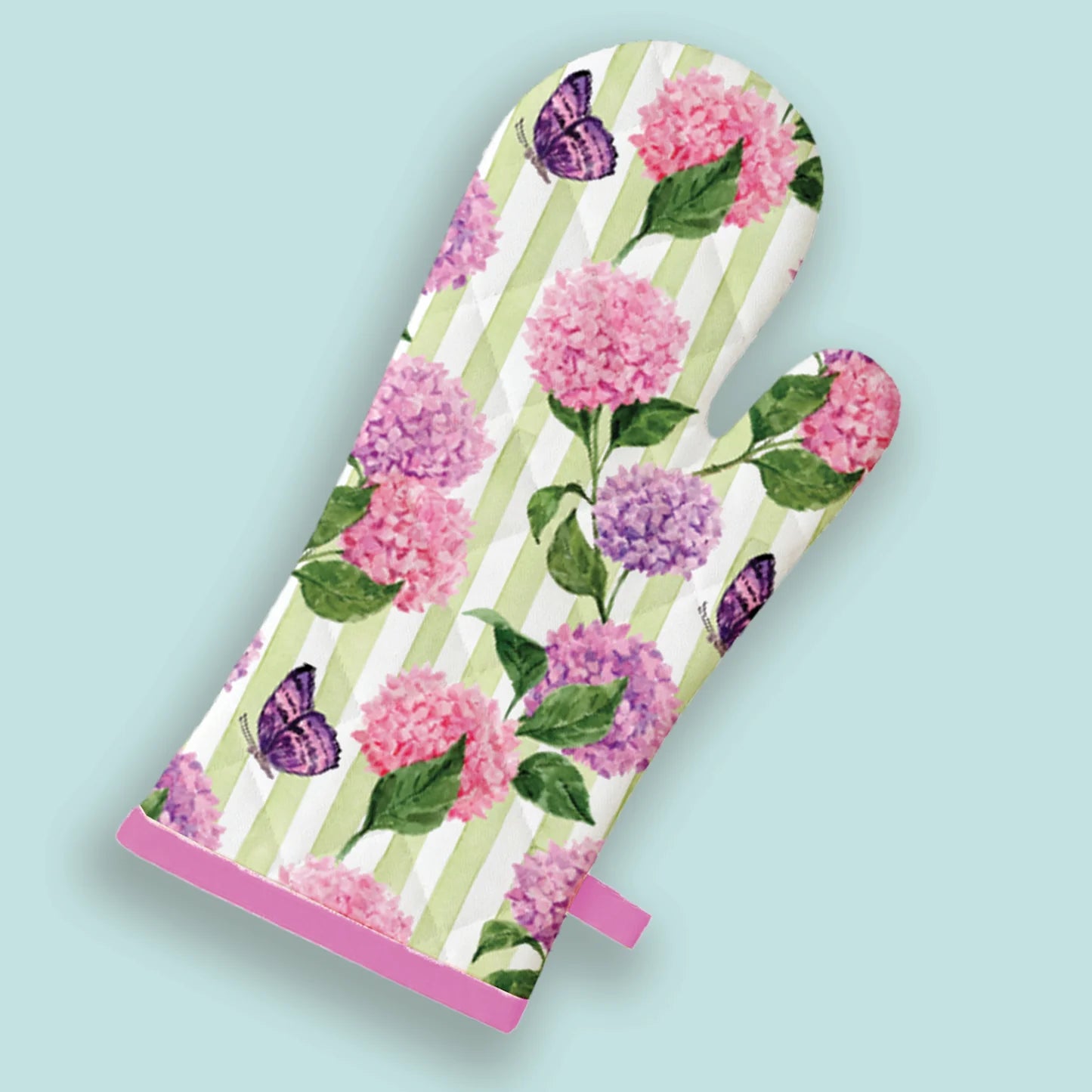 Floral-patterned oven mitt on a light blue background