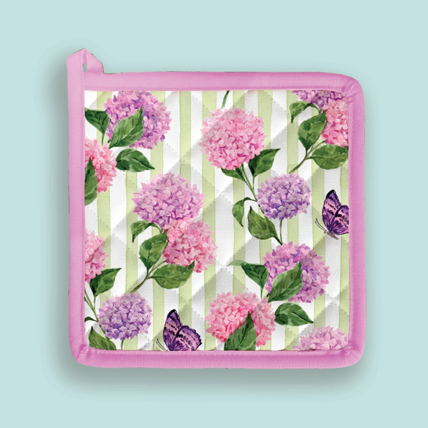 Floral design pot holder with pink border on a light blue background