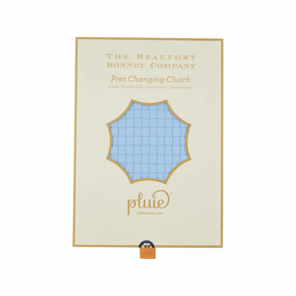 Beaufort Bonnet Company changing clutch packaging with blue pattern on beige background