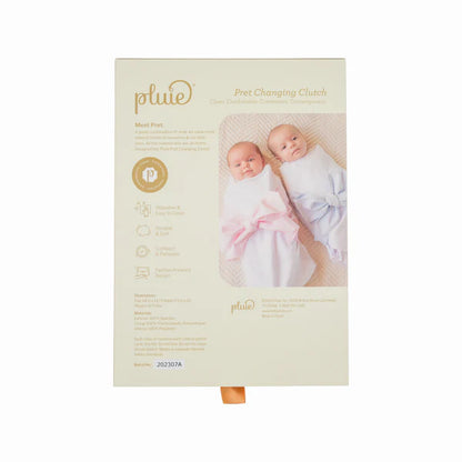 Product packaging for 'ptuie' pre-changing clutch with images of babies on a beige background