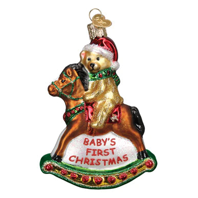 Old World Christmas Rocking Horse Teddy Baby's First Christmas glass ornament 