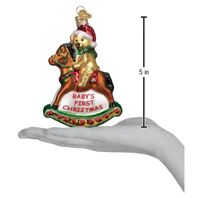 Old World Christmas Rocking Horse Teddy Baby's First Christmas glass ornament 