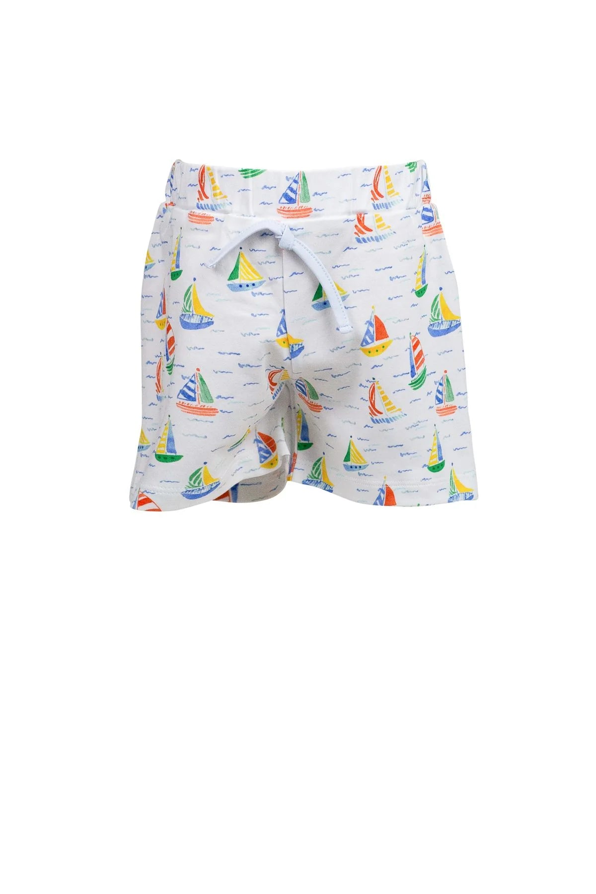 Children's shorts with sailboat pattern on a white background