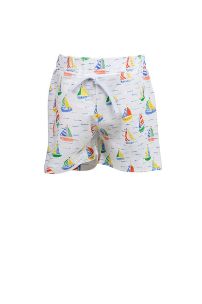Children's shorts with sailboat pattern on a white background