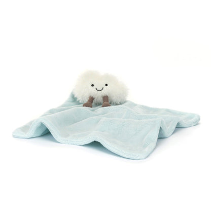 A small plush toy resembling a cream-colored cloud with a smiling face, attached to a blue fabric soother, presented against a white background.