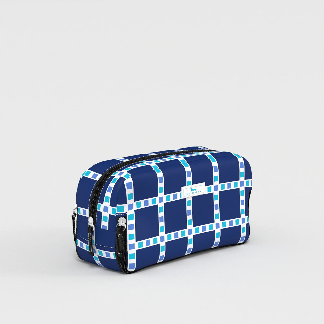 Blue and white checkered toiletry bag on a light gray background