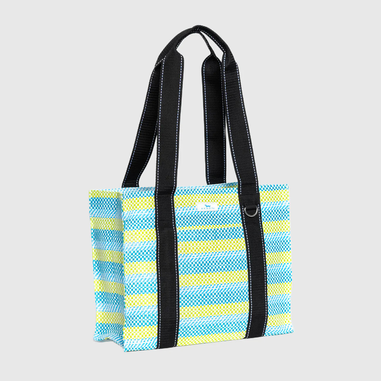 Striped tote bag with black handles on a light gray background