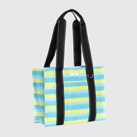 Striped tote bag with black handles on a light gray background