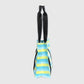 Blue and yellow striped dog toy with black handles on a light gray background