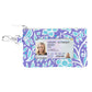 Floral patterned ID holder with a clear window for an ID card on a white background