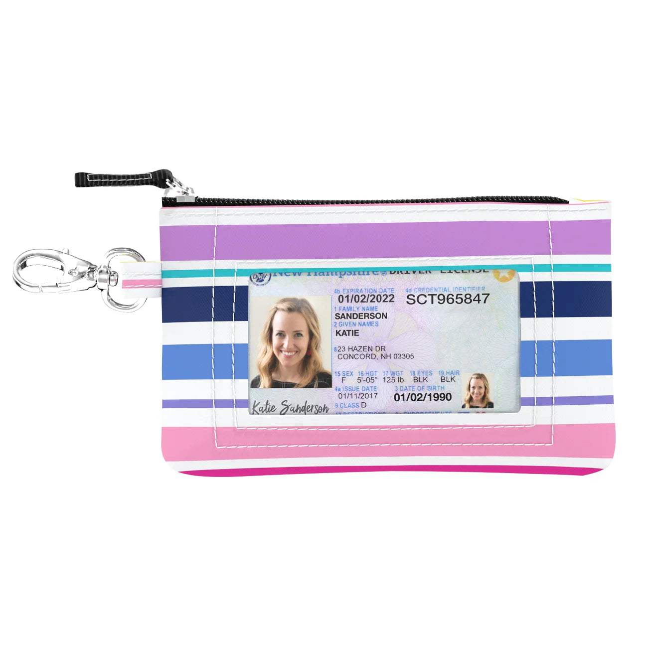 Striped pouch with ID card holder on a white background