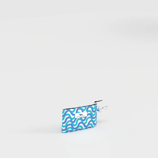 Small pouch with blue and white wave pattern on a white background